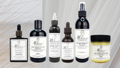 A variety of Mehreen Amoure's hair and body care products displayed, including oils, tonic, and balm.
